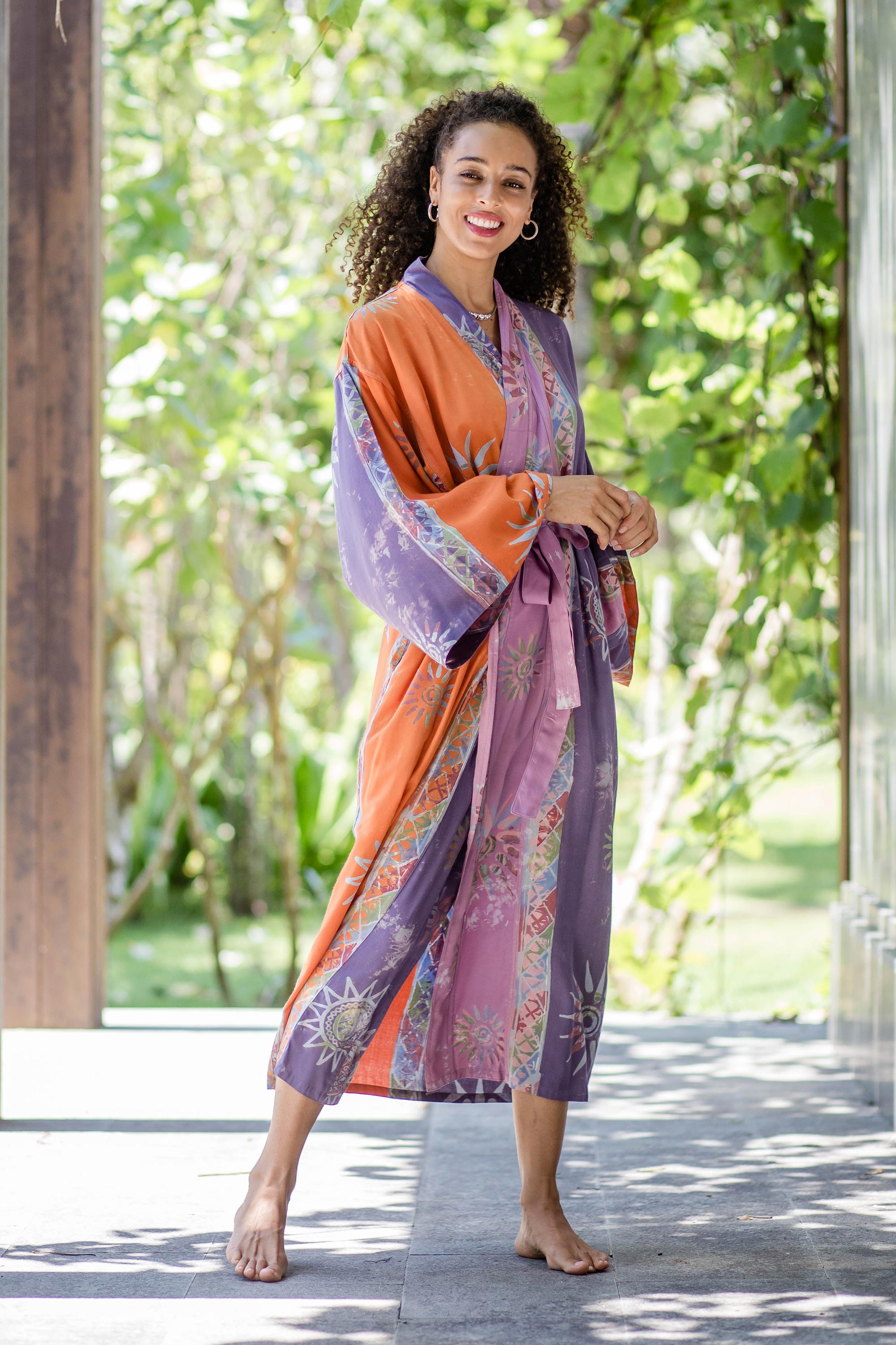 Hand-Stamped Batik Robe with Chakra Motif - Dusky Sunrise