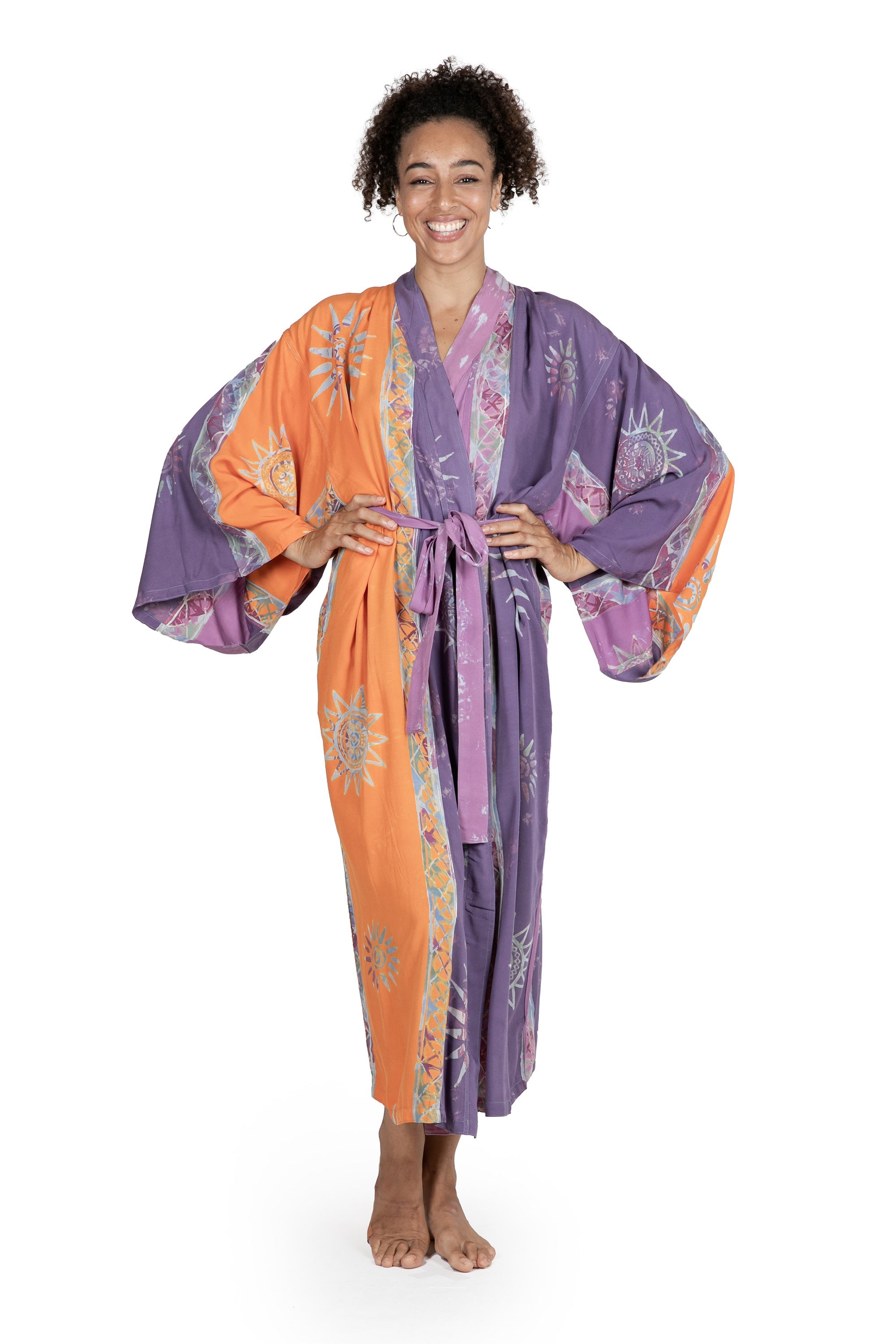 Hand-Stamped Batik Robe with Chakra Motif - Dusky Sunrise