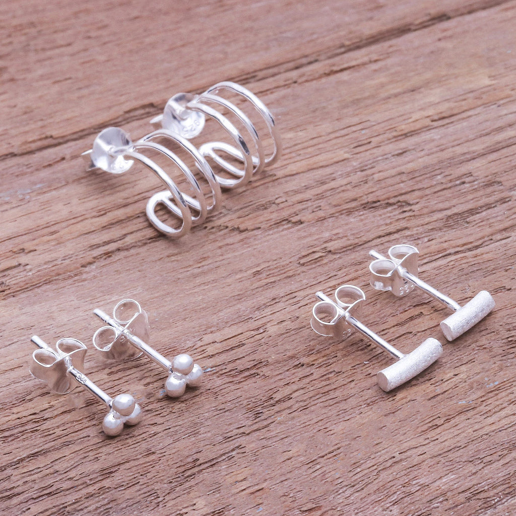Handmade Sterling Silver Stud Earrings (Set of 3) - Every Day Trio