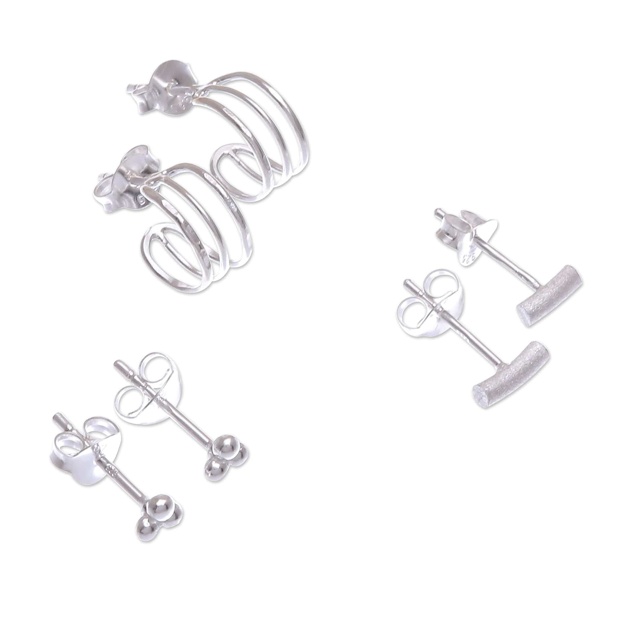 Handmade Sterling Silver Stud Earrings (Set of 3) - Every Day Trio