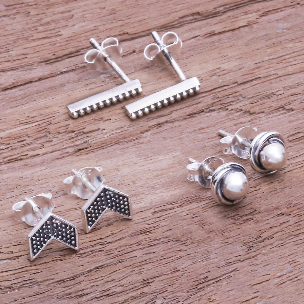 Artisan Made Sterling Silver Stud Earrings (Set of 3) - Weekday Trio