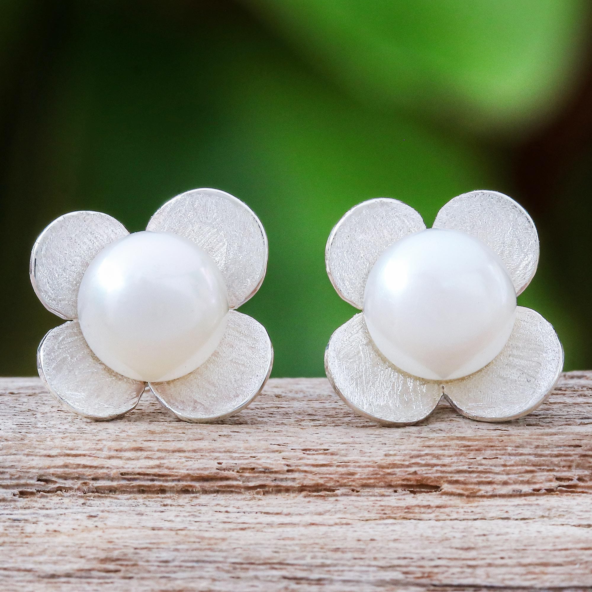 Cultured Pearl and Sterling Silver Floral-Motif Earrings - Pearl Oasis