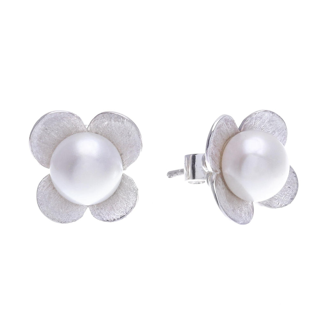 Cultured Pearl and Sterling Silver Floral-Motif Earrings - Pearl Oasis