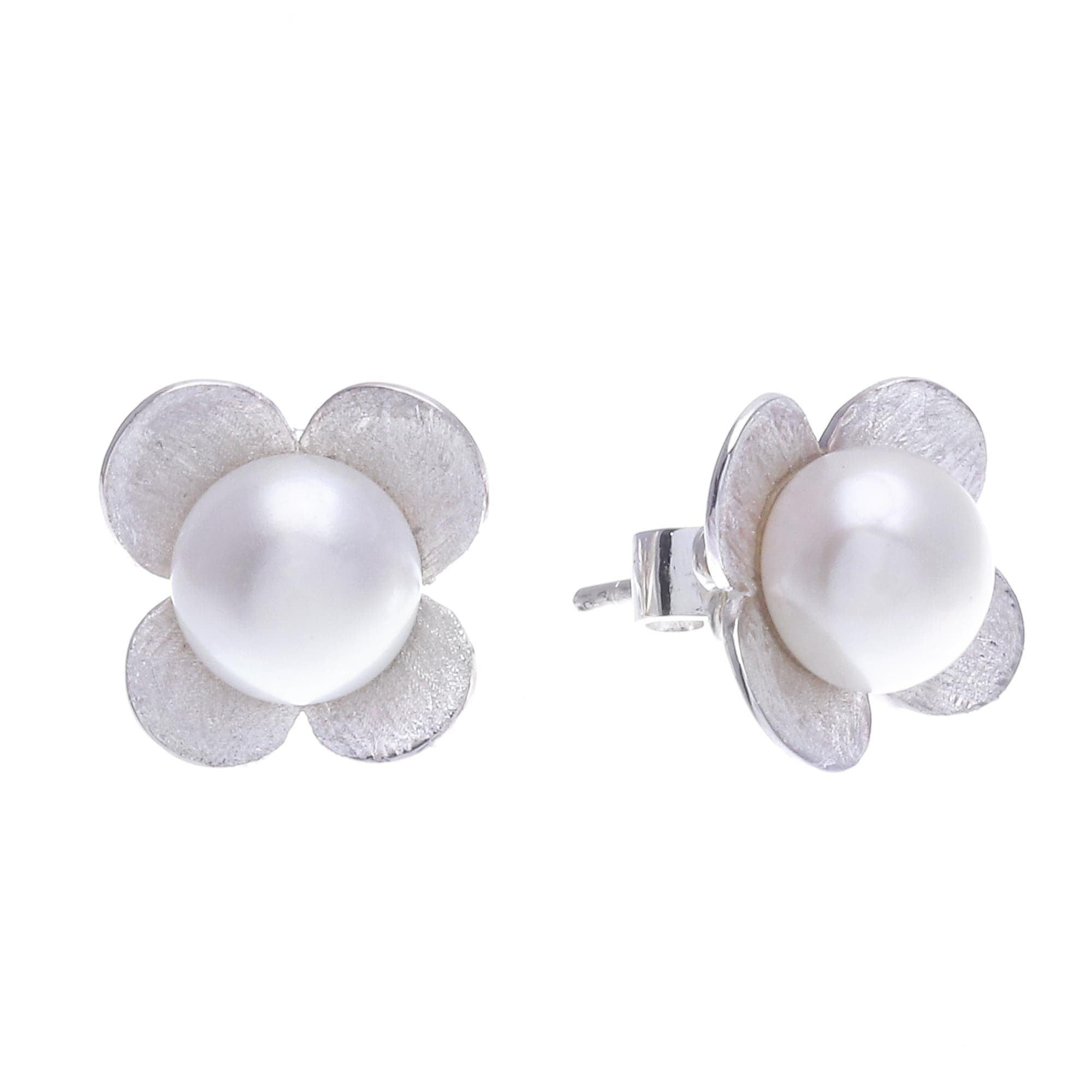 Cultured Pearl and Sterling Silver Floral-Motif Earrings - Pearl Oasis
