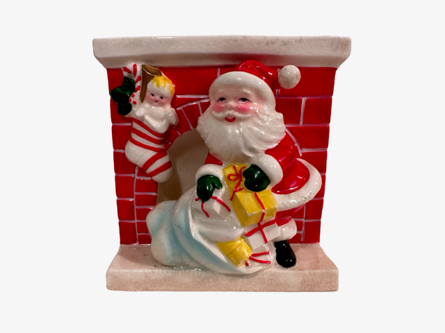 Vintage Ceramic Santa by Fireplace Planter